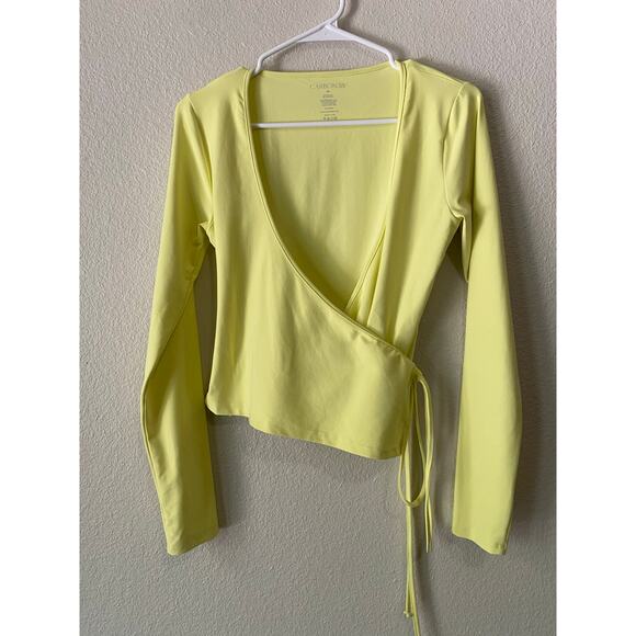 Carbon38 Long Sleeve Tie Top in Melt Medium Green Yellow Neon Ballet Wrap Shirt - Picture 8 of 10